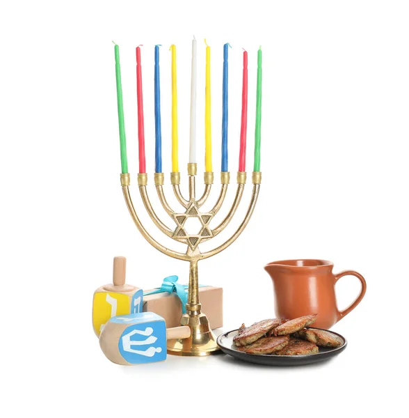 Menorah Potato Pancakes Dreidels Hanukkah White Background — Stock Photo, Image