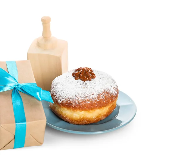 Gift Box Dreidel Donut Hanukkah White Background — Stock Photo, Image