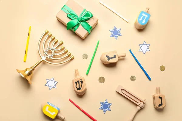 Composición Para Celebración Hanukkah Sobre Fondo Color — Foto de Stock