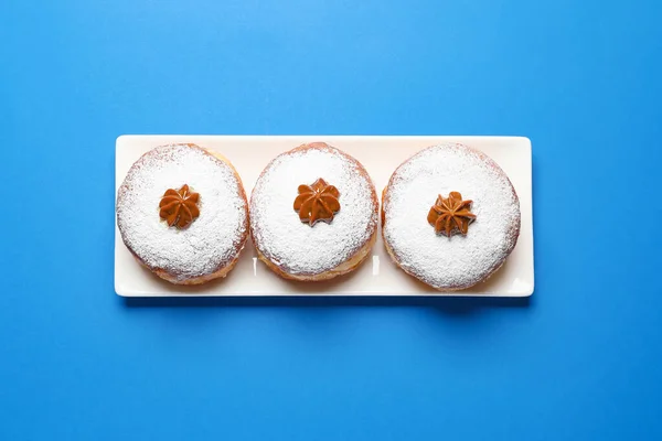 Tasty Donuts Hanukkah Color Background — Stock Photo, Image