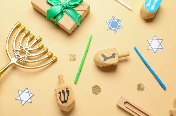 Composition for Hanukkah celebration on color background