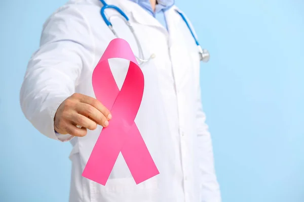 Doctor Pink Ribbon Color Background Closeup Breast Cancer Awareness Concept — Stock Photo, Image