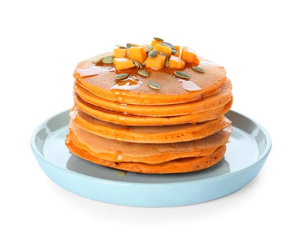 Deliciosos Panqueques Calabaza Sobre Fondo Blanco — Foto de Stock