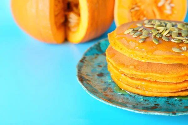 Plate Tasty Pumpkin Pancakes Color Background — Stock Photo, Image