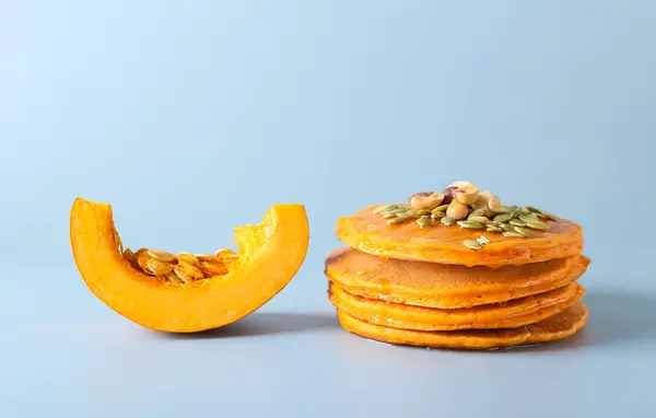 Tasty Pumpkin Pancakes Grey Background — Stock Photo, Image