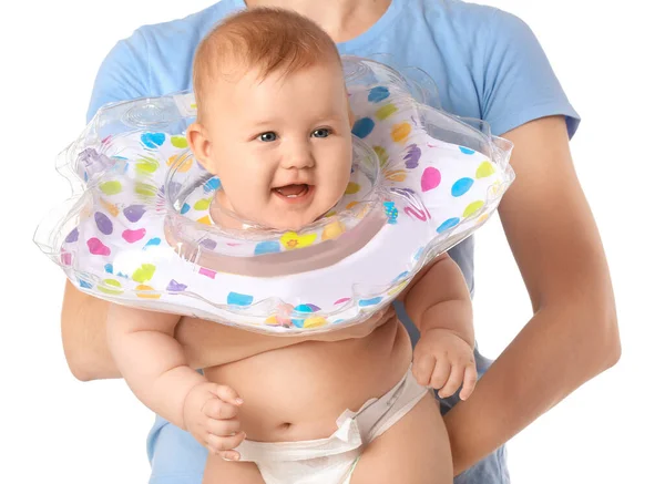 Mujer Lindo Bebé Con Anillo Inflable Sobre Fondo Blanco — Foto de Stock