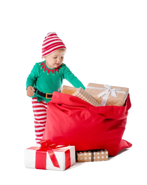 Bebê Bonito Traje Elfo Com Saco Papai Noel Fundo Branco — Fotografia de Stock