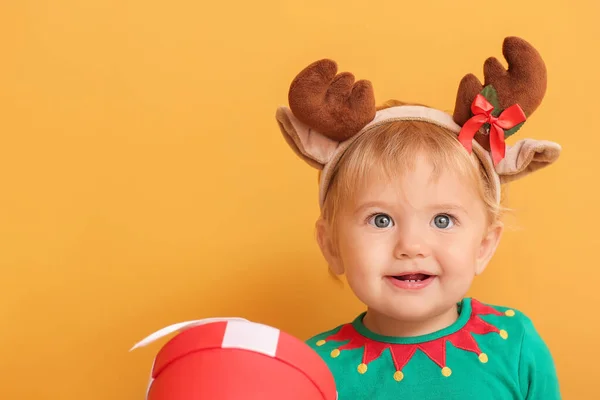 Cute Little Baby Elf Costume Deer Horns Color Background — Stock Photo, Image