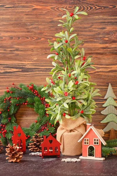 Belle Composition Noël Avec Plante Gui Sur Fond Bois — Photo