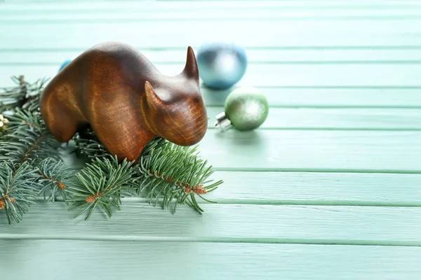 Figurine Bull New Year Decor Wooden Background — Stock Photo, Image