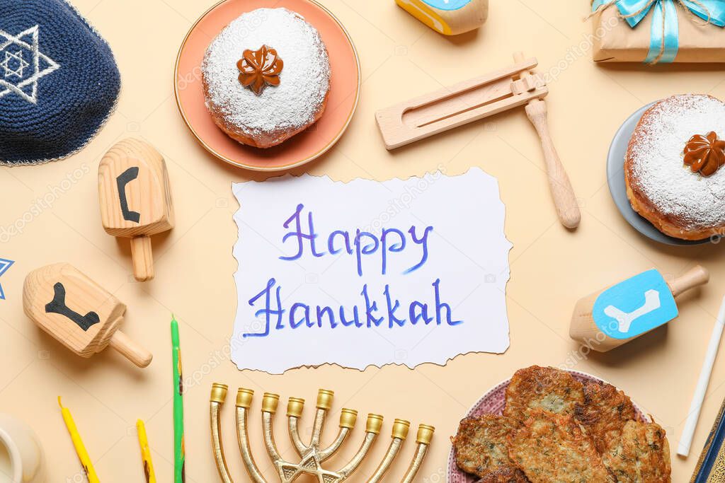 Composition for Hanukkah celebration on color background