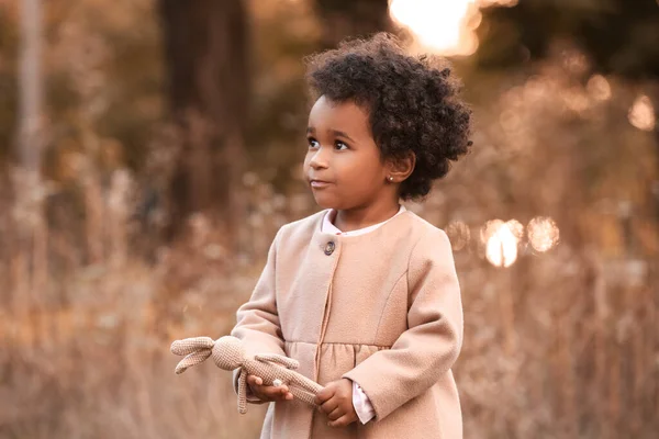 Cute African American Baby Girl Autumn Park — Stock Photo, Image