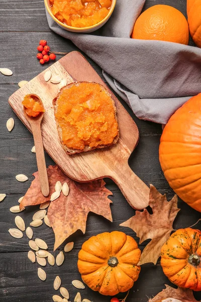 Autumn Composition Tasty Pumpkin Jam Wooden Background — Stock Photo, Image
