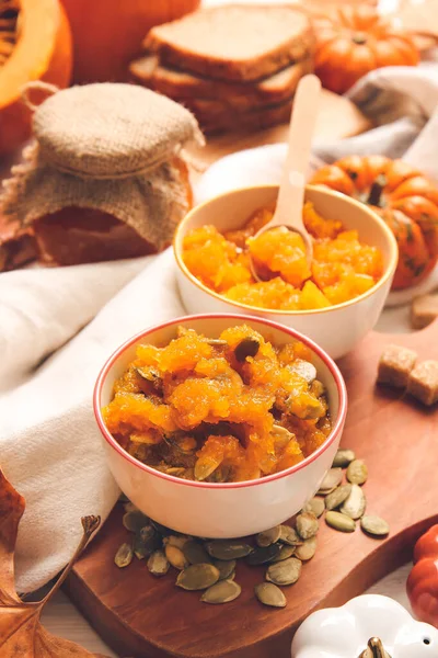 Bowls Tasty Pumpkin Jam Table — Stock Photo, Image