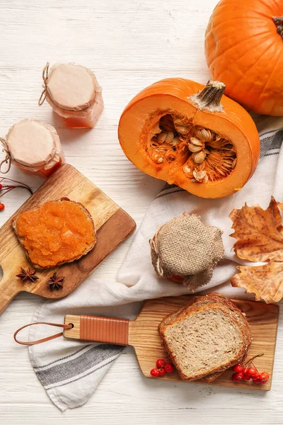 Autumn Composition Tasty Pumpkin Jam White Wooden Background — Stock Photo, Image