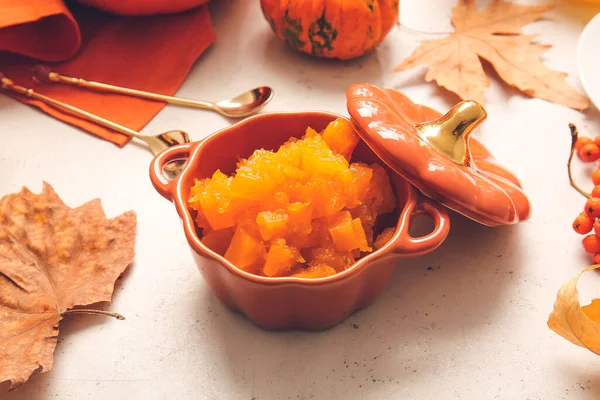 Pot Tasty Pumpkin Jam Table — Stock Photo, Image