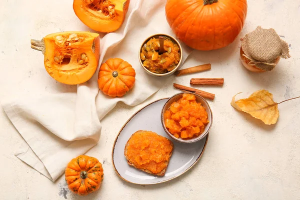 Autumn Composition Tasty Pumpkin Jam White Background — Stock Photo, Image