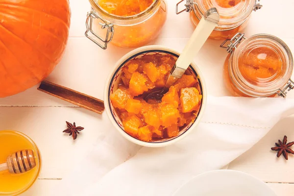 Bowl Tasty Pumpkin Jam Table — Stock Photo, Image