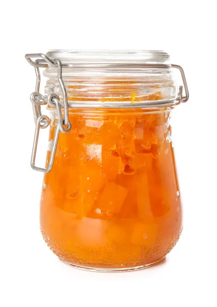 Jar Tasty Pumpkin Jam White Background — Stock Photo, Image