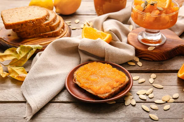 Plate Tasty Bread Pumpkin Jam Table — Stock Photo, Image