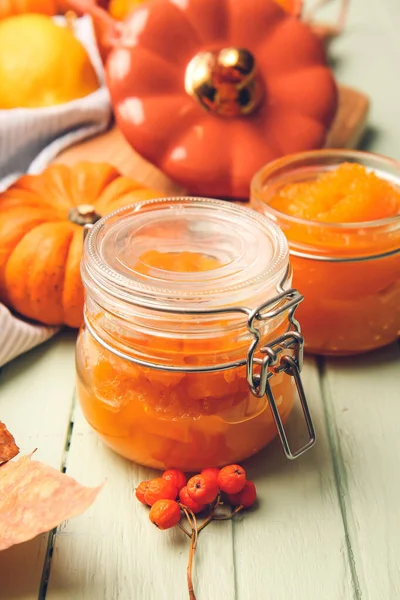 Jars Tasty Pumpkin Jam Table — Stock Photo, Image
