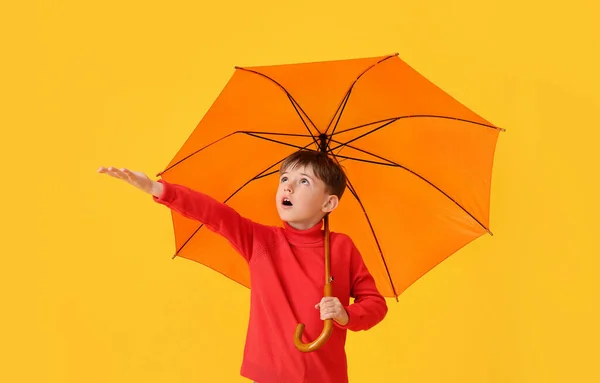 Cute Little Boy Jesiennych Ubraniach Parasolem Tle Koloru — Zdjęcie stockowe