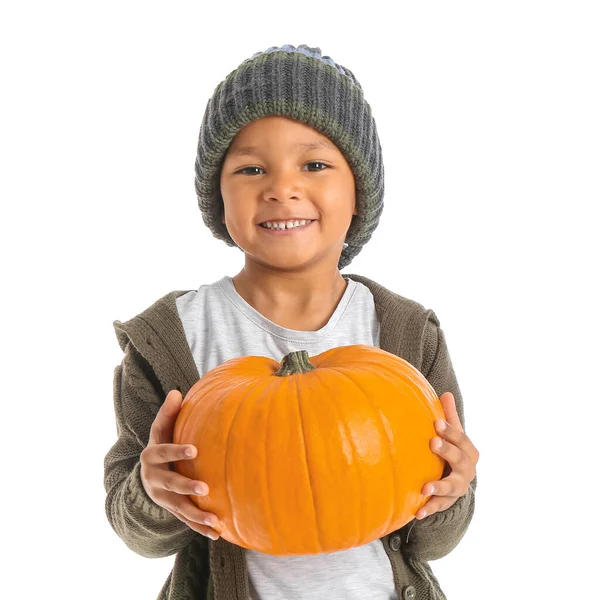 Cute African American Boy Pumpkin White Background — Stock Photo, Image