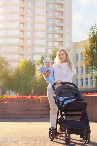 Woman Her Cute Baby Stroller Outdoors — Stock Photo, Image