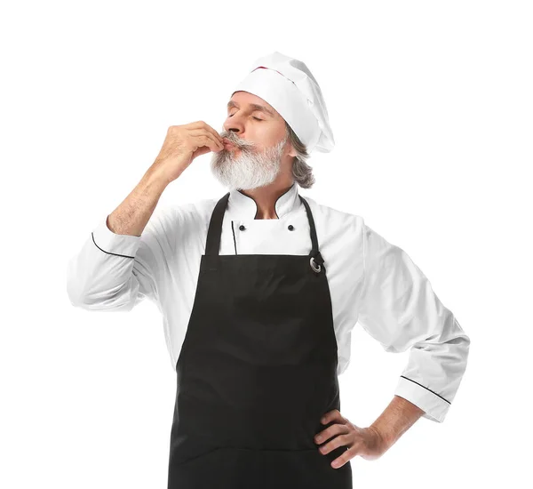 Rijpe Mannelijke Chef Kok Witte Achtergrond — Stockfoto