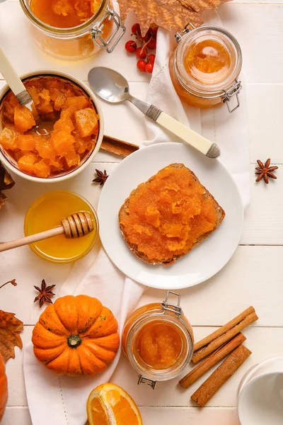 Autumn Composition Tasty Pumpkin Jam White Wooden Background — Stock Photo, Image