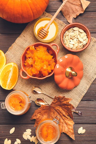 Autumn Composition Tasty Pumpkin Jam Wooden Background — Stock Photo, Image