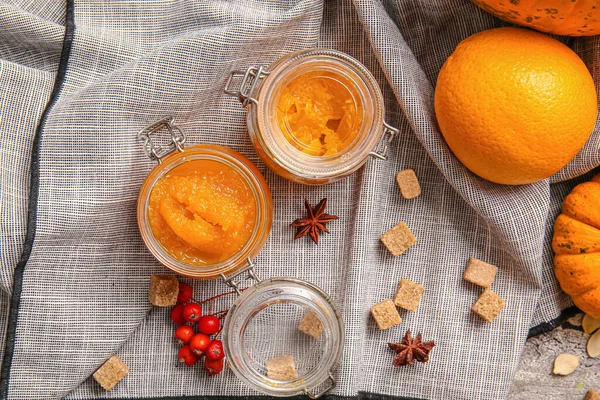 Jars Tasty Pumpkin Jam Table — Stock Photo, Image