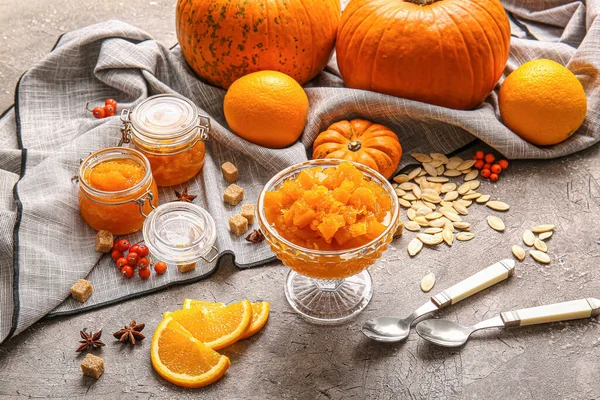 Tasty Pumpkin Jam Grey Background — Stock Photo, Image