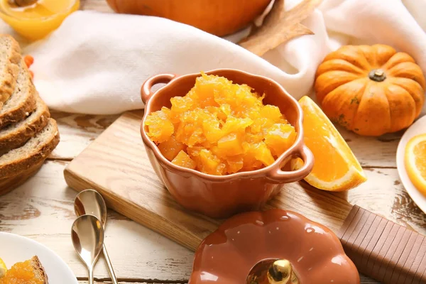 Pot Tasty Pumpkin Jam Table — Stock Photo, Image