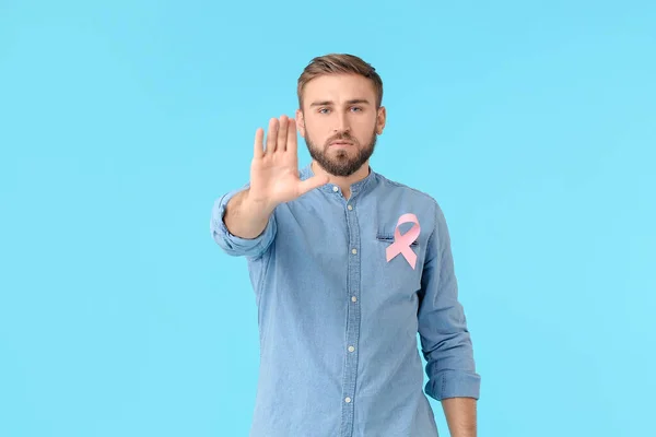 Man Pink Ribbon Color Background Breast Cancer Awareness Concept — Stock Photo, Image
