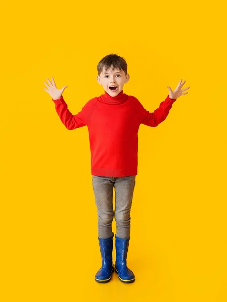 Happy Little Boy Autumn Clothes Color Background — Stock Photo, Image