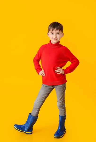 Cute Little Boy Autumn Clothes Color Background — Stock Photo, Image