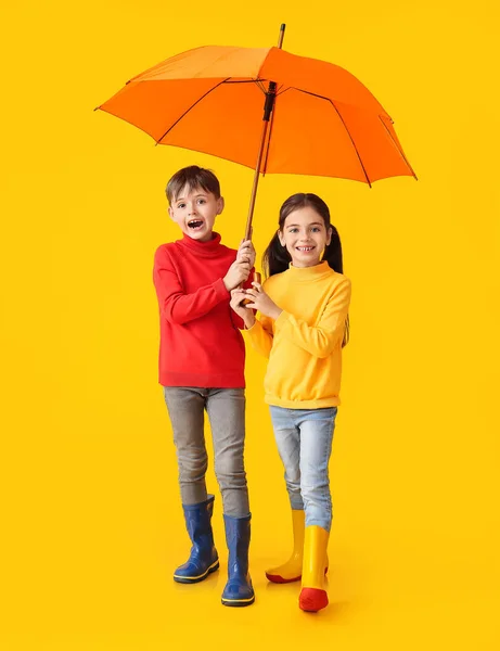 秋の服のかわいい子供たちと色の背景の傘 — ストック写真