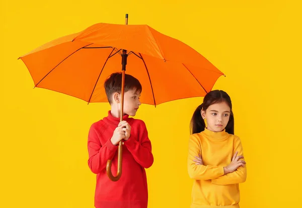 Cute Little Children Autumn Clothes Umbrella Color Background — Stock Photo, Image