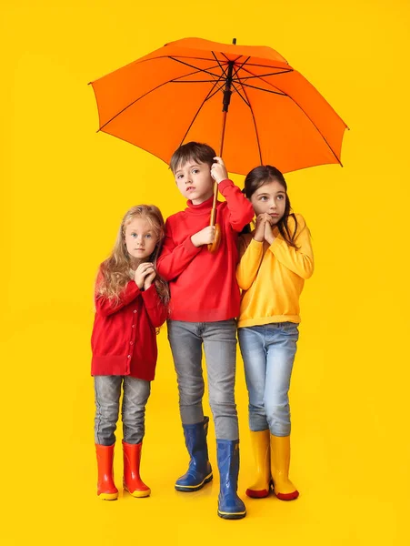 秋の服のかわいい子供たちと色の背景の傘 — ストック写真