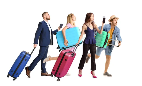 Eilige Touristen Mit Gepäck Auf Weißem Hintergrund — Stockfoto