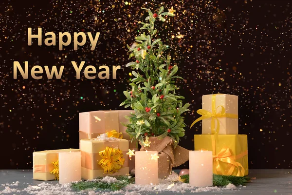 Bonita Tarjeta Felicitación Con Planta Muérdago Feliz Año Nuevo Celebración —  Fotos de Stock