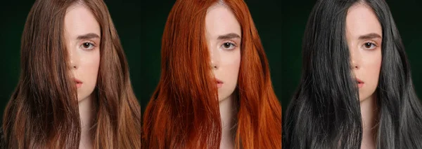 Colagem Bela Jovem Com Cores Diferentes Cabelo Fundo Escuro — Fotografia de Stock