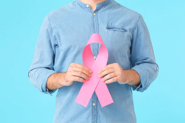 Man Pink Ribbon Color Background Breast Cancer Awareness Concept — Stock Photo, Image