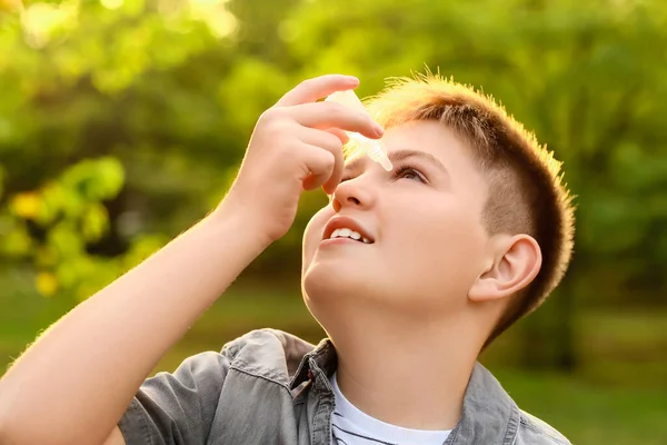 Little Allergic Boy Using Eye Drops Outdoors — Stock Photo, Image