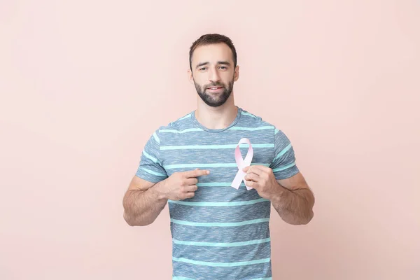 Young Man Pink Ribbon Color Background Breast Cancer Awareness Concept — Stock Photo, Image