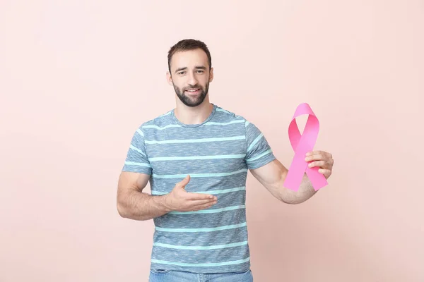 Young Man Pink Ribbon Color Background Breast Cancer Awareness Concept — Stock Photo, Image