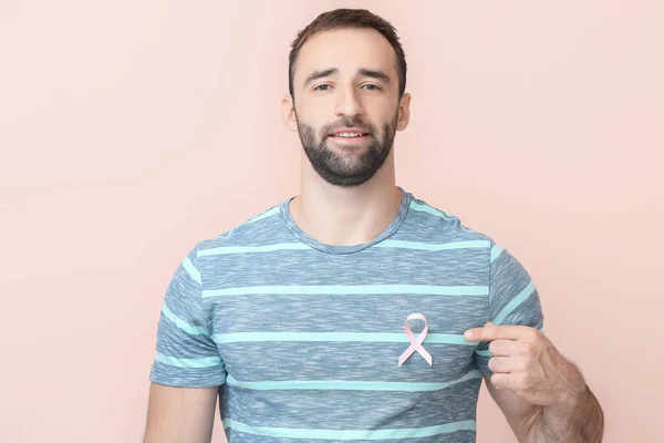 Young Man Pink Ribbon Color Background Breast Cancer Awareness Concept — Stock Photo, Image