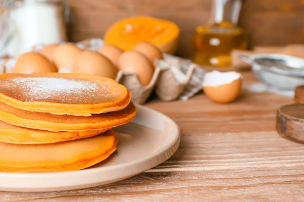 Tasty Pumpkin Pancakes Table — Stock Photo, Image