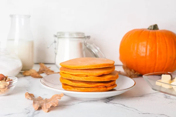 Tasty Pumpkin Pancakes Table — Stock Photo, Image